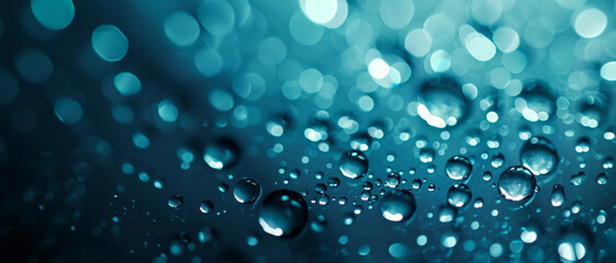 Glistening water droplets on a surface, dancing with bokeh lights in a tranquil, deep blue dreamscape