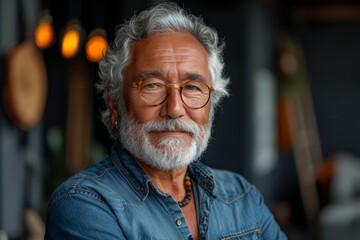 A wise and distinguished senior citizen with a kind smile, wearing glasses and a crisp shirt, his white hair and beard adorned with wrinkles and a well-groomed moustache, exuding intelligence and gra