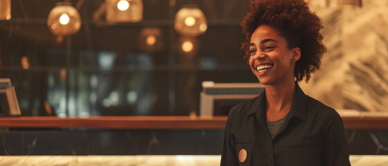 Hotel hostess greets guests with a radiant smile, her joy adding warmth to the elegant lobby