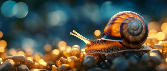A snail glides over glistening pebbles, bathed in the ethereal glow of a dreamy, bokeh-lit twilight