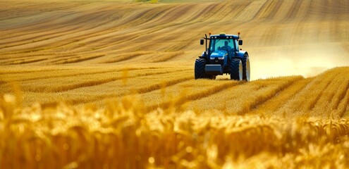 Blue Tractor Driving Through Wheat Field