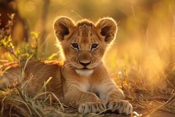 A moment of peaceful repose, highlighting the lion cub's serenity amidst nature's beauty