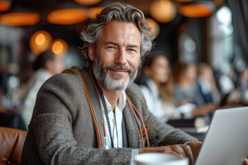Fototapeta premium A stylish man exudes confidence and warmth as he sits comfortably indoors, laptop in hand, his face radiating with a genuine smile towards the camera
