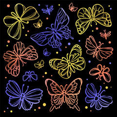MAGIC BUTTERFLIES Openwork Cute Insects On Black Background Cartoon Hand Drawn Sketch For Print Natural Lepidopterology Vector Illustration Collection