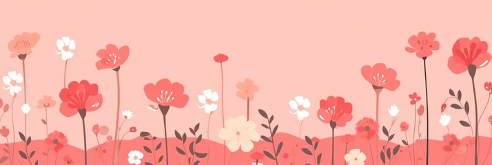 cute cartoon flower border on a light coral background, vector, clean 