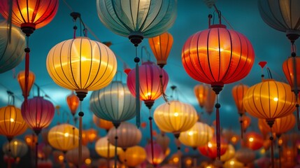 Fototapeta na wymiar A mesmerizing array of colorfully lit paper lanterns casting a warm glow in the evening sky. 8K