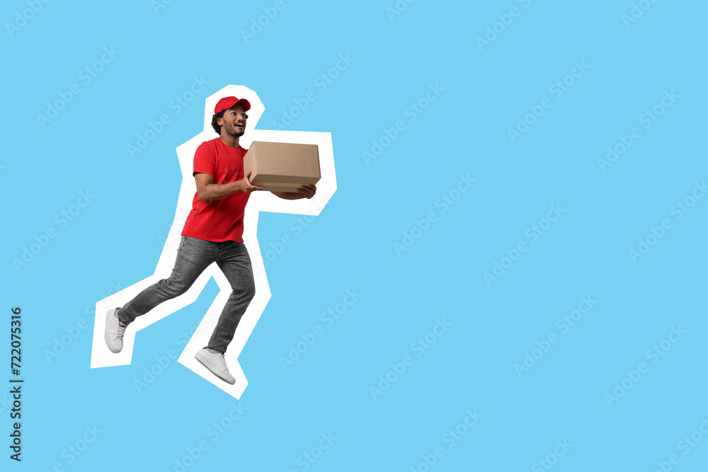 Poster Surprised courier with parcel running on light blue background, space for text