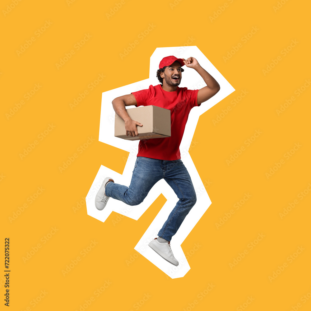 Sticker Surprised courier with parcel jumping on orange background