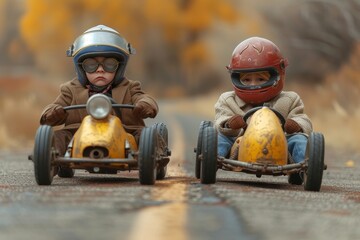 Two adventurous children embrace the thrill of the open road, sitting proudly in their gokarts with helmets strapped tight, ready to conquer the outdoors on wheels - obrazy, fototapety, plakaty