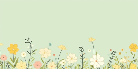Fototapeta na wymiar cute cartoon flower border on a light chartreuse background, vector, clean