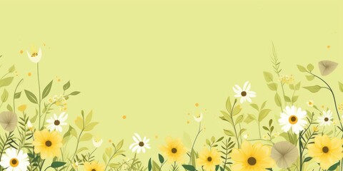 cute cartoon flower border on a light chartreuse background, vector, clean