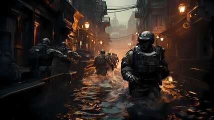 Special forces team infiltrating an urban environment with advanced urban warfare gear