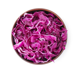 Obraz premium Bowl with shredded red cabbage isolated on white, top view