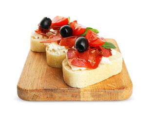 Delicious sandwiches with bresaola, cream cheese, olives and tomato isolated on white