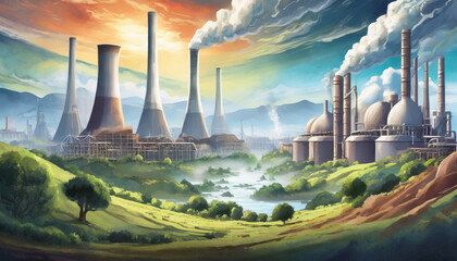 Illustration of factory in nature landscape with big chimney smoke, air pollution. Sustainability,...