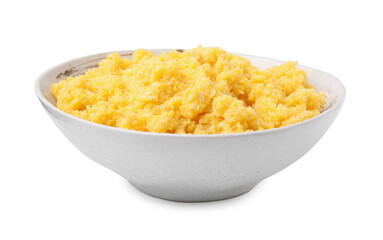 Tasty cornmeal in bowl isolated on white