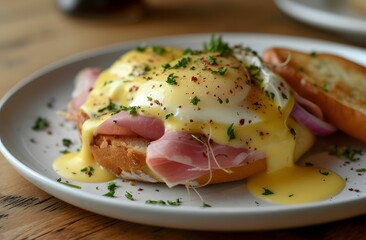 Breakfast Benedict - A Delectable Combination of Egg, Ham, and Onion on a White Plate