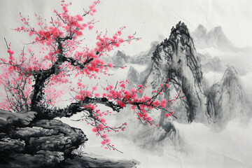 Red peach blossoms blooming in the mountains.