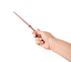 Woman holding magic wand on white background, closeup
