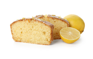 Pieces of tasty lemon cake with glaze and citrus fruits isolated on white