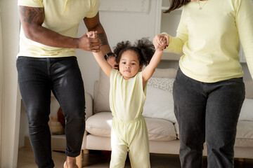 Family Leisure. Happy Black Mom, Dad And Little Daughter Having Fun At Home Together, African...