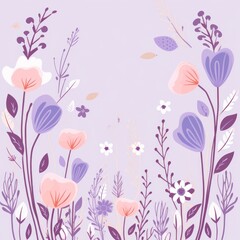 Fototapeta na wymiar cute cartoon flower border on a light lavender background, vector, clean
