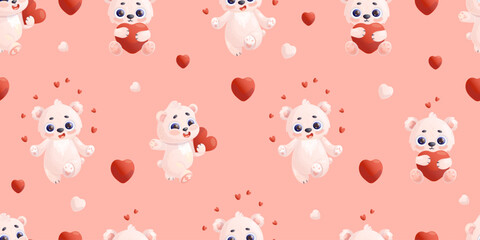 Romantic Seamless pattern with cute cartoon polar bears with hearts on pink background. Vector illustration for valentines and birthday holiday design, packaging. wallpaper, textile