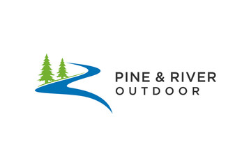 Pine tree logo design with river element vector template, business park outdoor icon symbol.