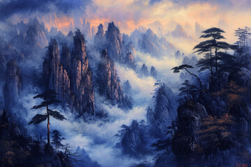 A painting of mountains and trees with mist over it.