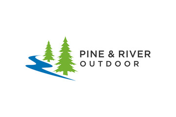 Pine tree logo design with river element vector template, business park outdoor icon symbol.