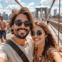 Tourists taking selfie on Brooklyn Bridge, New York City on warm, sunny day.