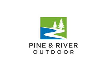 Pine tree logo design with river element vector template, business park outdoor icon symbol.