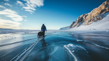Man tourist walking on the ice of Baikal lake. Winter landscape of lake. Blue transparent cracked ice and the blue sky.