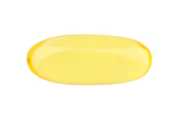 One yellow vitamin capsule isolated on white, top view