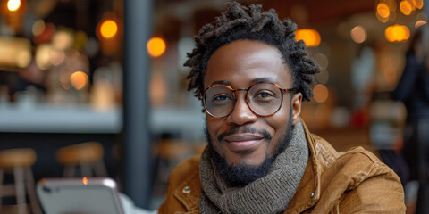 Positively stylish, a handsome African man at a cafe, exudes confidence and happiness.