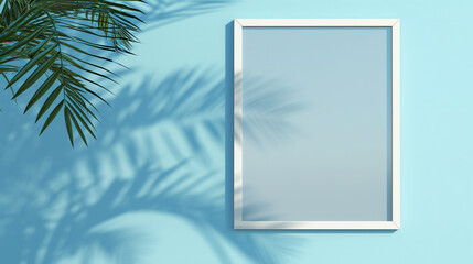 Moldura em branco isolada em um fundo azul claro com folhas de palmeira verde