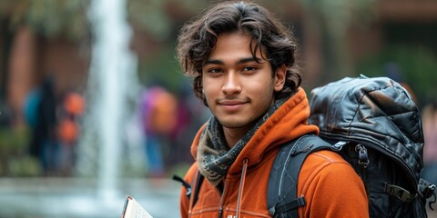 Portrait of a handsome and stylish Indian student or tourist with a backpack, exuding confidence.