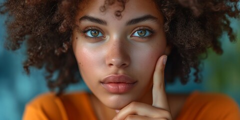 In a closeup portrait, an attractive African woman showcases flawless skin and stylish makeup.