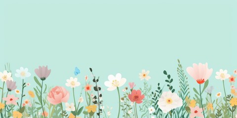 cute cartoon flower border on a light mint background, vector, clean 