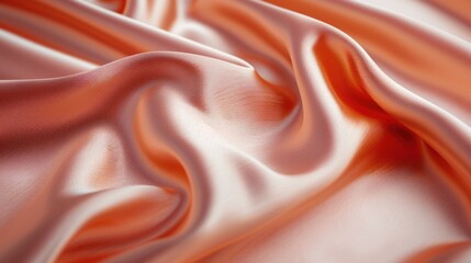 Fototapeta premium A detailed view of a Peach Fuzz color satin fabric, capturing its shiny, smooth surface and the warm peach hue, filling the entire screen with its luxurious and glossy texture.