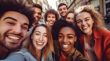 Obraz premium Vibrant Vibes: Young and Hip Crew Coming Together for a Group Selfie