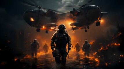 Obraz na płótnie Canvas Special forces team parachuting from a transport plane into a night-time urban environment
