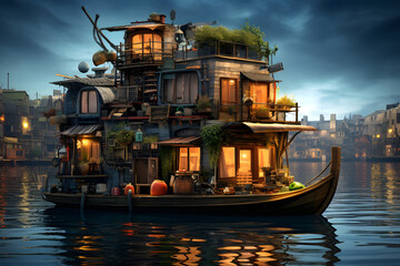 Obraz premium House boat on river, fantasy house boat, cool house boat
