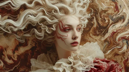 Fotobehang A woman with white hair and red makeup, baroque style, surrounded by swirls and paint streaks © Ruslan Gilmanshin