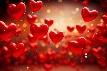 Red hearts balloons with bokeh lights on golden shimmering backdrop. Valentines Day Love background