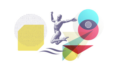 Art composition. Jumping man with stipple effect. The concept of leadership or freedom. Straight horizontal lines on background with translucent geometric overlapping elements (circles, triangles).