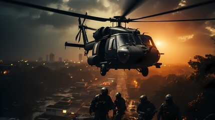 Special forces unit rappelling from a helicopter onto a rooftop for a rescue mission - obrazy, fototapety, plakaty