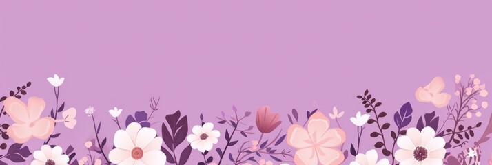 cute cartoon flower border on a light plum background, vector, clean 