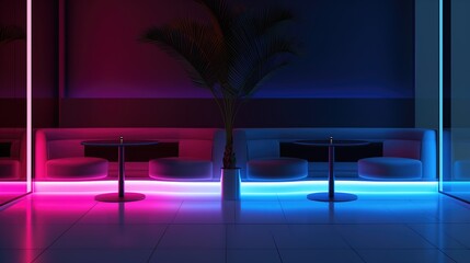 Neon-Lit Modern Cafe Interior at Night