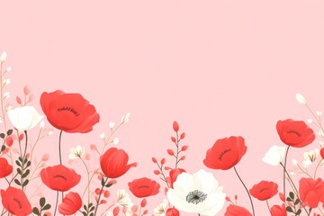cute cartoon flower border on a light red background, vector, clean 